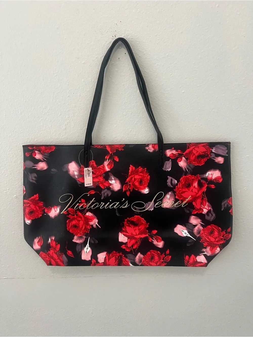 Victoria's Secret Black Tote with Red Rose Pattern and Gold Logo